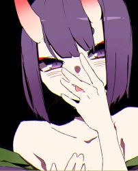 Rule 34 | 1girl, bare shoulders, black background, blush, close-up, collarbone, esu (transc), fate/grand order, fate (series), horns, looking at viewer, oni, purple eyes, purple hair, short hair, shuten douji (fate), simple background, sketch, skin-covered horns, solo, tongue, tongue between fingers, tongue out