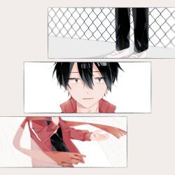 Rule 34 | 1boy, 3koma, absurdres, black eyes, black hair, black pants, black shirt, casual, chain-link fence, close-up, collared jacket, comic, commentary, day, eyes visible through hair, false smile, fence, floating scarf, fringe trim, hair between eyes, head out of frame, highres, jacket, kagerou project, kisaragi shintarou, legs, long bangs, long sleeves, lower body, male focus, muuta04, open clothes, open jacket, out of frame, outdoors, pants, parted lips, popped collar, red jacket, red scarf, scarf, shirt, shoes, short hair, silent comic, simple background, smile, standing, straight-on, striped clothes, striped jacket, t-shirt, upper body, uwabaki, white footwear, wind