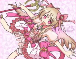 Rule 34 | 1girl, blonde hair, bloomers, blush, chaos marie (grimms notes), clothing cutout, dress, flower, flower ornament, grimms notes, hair ribbon, heart, heart-shaped pupils, long hair, nanikatof, open mouth, pink eyes, ribbon, rose, smile, solo, symbol-shaped pupils, underwear, wand, weapon