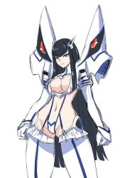 Rule 34 | black hair, blue eyes, breasts, cameltoe, cleavage, cleavage cutout, clothing cutout, commentary request, contrapposto, cowboy shot, elbow gloves, frown, gloves, gluteal fold, highleg, highleg panties, highres, hime cut, junketsu, kill la kill, kiryuuin satsuki, kurone rinka, large breasts, living clothes, long hair, navel, panties, revealing clothes, sidelocks, simple background, sketch, standing, straight hair, thong, underwear, very long hair, white background, white gloves, white legwear