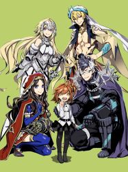 Rule 34 | 2boys, 3girls, abs, aged down, ahoge, arm around shoulder, armor, armored boots, belt, black footwear, black hair, black pantyhose, black skirt, blonde hair, blue eyes, blue gloves, blue thighhighs, boots, breasts, brown footwear, brown hair, cape, child, cloak, closed mouth, dress, elbow gloves, fate/grand order, fate (series), frilled skirt, frills, fujimaru ritsuka (female), full body, gauntlets, gilgamesh, gilgamesh (caster) (fate), gilgamesh (fate), glasses, gloves, green background, hair between eyes, hand on hilt, hand on own hip, helm, helmet, high heels, highres, horns, jeanne d&#039;arc (fate), jeanne d&#039;arc (ruler) (fate), jeanne d&#039;arc (third ascension) (fate), jewelry, kneeling, leonardo da vinci (fate), long hair, long sleeves, looking at viewer, medium breasts, miniskirt, miwa shirow, multicolored hair, multiple boys, multiple girls, on one knee, open mouth, orange eyes, orange hair, pants, pantyhose, parted bangs, pendant, photo-referenced, puffy short sleeves, puffy sleeves, purple eyes, red eyes, red headwear, shadow, shirt, shoes, short hair, short sidetail, short sleeves, side ponytail, sigurd (fate), simple background, skirt, smile, spiked armor, spiked hair, standing, star (symbol), star print, sword, thighhighs, thighs, topless male, turban, two-tone hair, v, veil, waistcoat, weapon, white hair, white shirt, zettai ryouiki