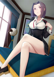 Rule 34 | 10s, 1girl, bad id, bad pixiv id, breasts, crossed legs, desk, dress, hair intakes, indoors, kantai collection, miniskirt, on desk, open mouth, parted bangs, purple eyes, purple hair, school uniform, short dress, short hair, sitting, on desk, skirt, solo, tatsuta (kancolle), thighs, tsuchifumazu