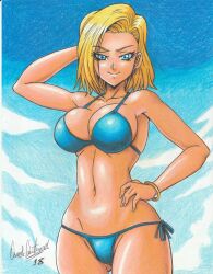 Rule 34 | 1girl, 2018, absurdres, android 18, artist name, bikini, blonde hair, blue bikini, blue eyes, bracelet, breasts, cleavage, cloud, cloudy sky, cowboy shot, day, dragon ball, dragonball z, earrings, female focus, from below, hand on own head, hand on own hip, hand up, highres, jewelry, large breasts, navel, outdoors, ravernclouk design, short hair, sky, smile, solo, standing, swimsuit, traditional media