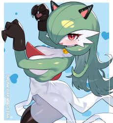 Rule 34 | 1girl, absurdres, animal hands, black gloves, black thighhighs, blue background, blush, breasts, commentary request, creatures (company), drunkoak, fang, game freak, gardevoir, gen 3 pokemon, gloves, green hair, highres, korean commentary, large breasts, long hair, looking at viewer, mole, mole under eye, nintendo, open mouth, paw gloves, pokemon, pokemon (creature), red eyes, smile, thighhighs, thighs