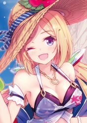 Rule 34 | 1girl, aki rosenthal, aki rosenthal (hololive summer 2019), azumi akitake, bikini, bikini top only, blonde hair, blush, bob cut, commentary, detached hair, hair ornament, hat, hololive, long hair, looking at viewer, lowres, official alternate costume, one eye closed, open mouth, parted bangs, purple eyes, smile, sun hat, swimsuit, twintails, virtual youtuber