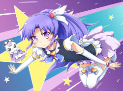Rule 34 | 10s, 1girl, blush, boots, brooch, cure fortune, gurasan (happinesscharge precure!), happinesscharge precure!, heart, heart brooch, hikawa iona, kirimochi, long hair, magical girl, ponytail, precure, purple eyes, purple hair, star (symbol), thigh boots, thighhighs, white thighhighs, wide ponytail