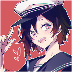 Rule 34 | 1girl, :d, black hair, black shirt, blue sailor collar, blush, collarbone, collared shirt, ecru, gradient hair, grey eyes, hair between eyes, hat, looking at viewer, multicolored hair, open mouth, portrait, red background, red hair, ruby rose, rwby, sailor collar, sailor shirt, shirt, short hair, signature, simple background, smile, solo, white hat