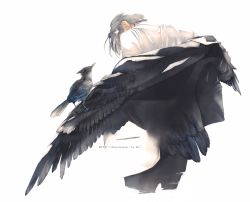 Rule 34 | 1boy, animal, bird, collared shirt, dressing, feathers, from behind, grey hair, jacket, male focus, original, re degrees (red flagship), shirt, simple background, solo, upper body, watermark, web address, white background, wings