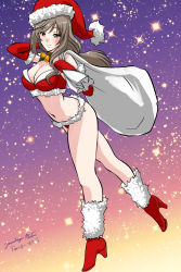 Rule 34 | 1girl, alternate costume, arm up, artist name, bell, bikini, blush, boots, breasts, brown eyes, brown hair, christmas, cleavage, closed mouth, commentary, dated, elbow gloves, full body, girls und panzer, gloves, gradient sky, half-closed eyes, hand in own hair, hat, high heel boots, high heels, holding, holding sack, holly, large breasts, leaning forward, long hair, looking at viewer, low-tied long hair, matsui yasutsugu, navel, neck bell, over shoulder, red bikini, red footwear, red gloves, red hat, sack, santa bikini, santa boots, santa gloves, santa hat, shimada chiyo, signature, sky, smile, solo, standing, star (sky), starry sky, swimsuit