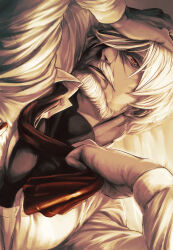 Rule 34 | 1boy, absurdres, anderson (granblue fantasy), beard, chirochiro, collared shirt, facial hair, granblue fantasy, hair over one eye, hand on own head, highres, looking at viewer, male focus, mature male, mustache, necktie, open clothes, open shirt, red eyes, shirt, short hair, solo, undone necktie, white hair, white shirt