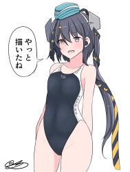 Rule 34 | 1girl, absurdres, aqua hat, black one-piece swimsuit, black ribbon, clothes writing, commentary request, competition swimsuit, fang, garrison cap, grey eyes, grey hair, hair ornament, hair ribbon, hat, highleg, highleg swimsuit, highres, kantai collection, long hair, noruren, one-piece swimsuit, ribbon, scamp (kancolle), side ponytail, simple background, smile, solo, standing, star (symbol), star hair ornament, swimsuit, translation request, white background