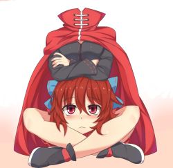 Rule 34 | 1girl, ashu, blush, bow, cape, crossed arms, disembodied head, hair bow, indian style, long sleeves, red eyes, red hair, sekibanki, short hair, sitting, skirt, solo, touhou