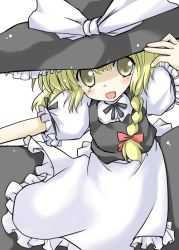 Rule 34 | 1girl, :d, apron, black hat, black ribbon, black skirt, black vest, blonde hair, bow, braid, fang, female focus, frilled apron, frilled sleeves, frills, hair bow, hand on headwear, hat, hat bow, hat ribbon, kirisame marisa, long hair, looking at viewer, neck ribbon, open mouth, outstretched arm, red bow, ribbon, shirt, short sleeves, simple background, skirt, smile, solo, touhou, vest, waist apron, white apron, white background, white bow, white ribbon, white shirt, witch hat, yuugiri (artist), yuugiri (u-slash)