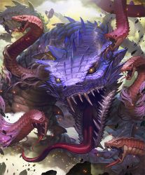 Rule 34 | artist request, cygames, embers, fangs, floating rock, light trail, medusiana, no humans, official art, open mouth, orange eyes, scales, shadowverse, shingeki no bahamut, slit pupils, snake, teeth, tongue, tongue out