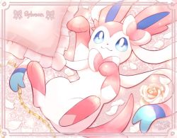 Rule 34 | :3, blue eyes, character name, closed mouth, commentary request, creatures (company), cushion, dated, framed, game freak, gen 6 pokemon, heart, lying, nintendo, no humans, okoge (simokaji), on back, pokemon, pokemon (creature), signature, smile, sylveon, toes