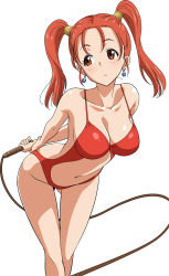 Rule 34 | 1girl, :/, arms behind back, bent over, breasts, brown eyes, cleavage, collarbone, crossed legs, dragon quest, dragon quest viii, earrings, facing viewer, female focus, jessica albert, jewelry, large breasts, leaning forward, long hair, looking away, marugoshi teppei, navel, one-piece swimsuit, orange hair, revealing swimsuit (dq), simple background, solo, square enix, standing, strap gap, swimsuit, tareme, thigh gap, thighs, twintails, whip, white background
