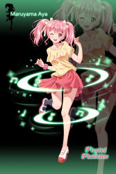 Rule 34 | 1girl, ;d, absurdres, bang dream!, black socks, character name, clothes writing, dark background, full body, green background, group name, hair ribbon, hands up, highres, kneehighs, looking at viewer, maruyama aya, musical note, one eye closed, open mouth, pink eyes, pink hair, pink scrunchie, polka dot, polka dot scrunchie, polka dot shirt, red skirt, ribbon, scrunchie, shirt, shoes, short sleeves, sidelocks, single kneehigh, single sock, skirt, smile, socks, solo, standing, standing on one leg, twintails, uwabaki, wrist scrunchie, yellow shirt, yohane yoshiko, zoom layer