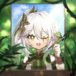 Rule 34 | 1girl, absurdres, blurry, blurry background, blurry foreground, depth of field, genshin impact, gloves, green eyes, hair between eyes, highres, leaf, nahida (genshin impact), one eye closed, open mouth, plant, potted plant, solo, sp0i0ppp, white gloves