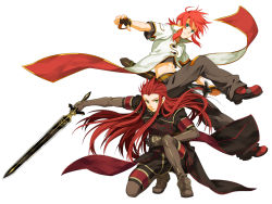 Rule 34 | 00s, 2boys, asch (tales), full body, holding, holding sword, holding weapon, luke fon fabre, male focus, multiple boys, osamu (jagabata), revision, simple background, surcoat, sword, tales of (series), tales of the abyss, weapon, white background