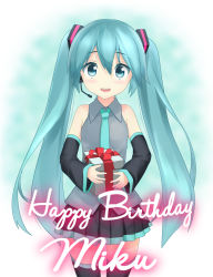 Rule 34 | 1girl, aqua eyes, aqua hair, bad id, bad pixiv id, character name, cowboy shot, detached sleeves, gift, gradient background, happy birthday, hatsune miku, headset, long hair, looking at viewer, necktie, open mouth, senifu, skirt, solo, thighhighs, twintails, very long hair, vocaloid