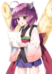 Rule 34 | 1girl, ahoge, blue skirt, blush, bow, commentary request, headgear, holding, japanese clothes, kimono, long sleeves, looking at object, looking away, miri (ago550421), obi, open mouth, pleated skirt, purple hair, red bow, red eyes, sash, signature, simple background, skirt, solo, teeth, touhoku kiritan, upper teeth only, voiceroid, white background, white kimono, wide sleeves
