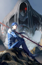 Rule 34 | abs, armor, beads, blue bodysuit, blue hair, bodysuit, closed mouth, commentary, cu chulainn (fate), cu chulainn (fate) (all), cu chulainn (fate/stay night), cu chulainn alter (fate), cu chulainn alter (fate/grand order), dark persona, earrings, eilinna, english commentary, fate/grand order, fate/stay night, fate (series), floating hair, gae bolg (fate), glowing, glowing eye, hair beads, hair ornament, highres, holding, holding polearm, holding weapon, hood, hood up, jewelry, lancer, long hair, looking at viewer, male focus, multiple persona, muscular, muscular male, pauldrons, polearm, ponytail, red eyes, shoulder armor, sitting, skin tight, smile, spiked hair, weapon