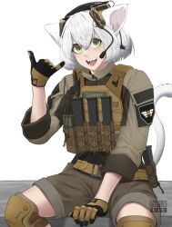 Rule 34 | 1girl, animal ears, artist name, cat ears, cat girl, cat tail, chest rig, commentary, cowboy shot, crossed bangs, dated, dated commentary, edzactly, english commentary, fangs, gloves, headset, highres, jacket, knee pads, legs apart, load bearing vest, looking at viewer, magazine (weapon), open mouth, original, pants, patch, bulletproof vest, radio, short hair, shoulder patch, sidelocks, signature, simple background, sitting, slit pupils, tactical clothes, tail, tammy (edz), white background, white hair