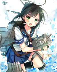 Rule 34 | &gt;:d, 10s, 1girl, :d, black hair, comic, fubuki (kancolle), green eyes, kantai collection, long hair, looking at viewer, machinery, one-hour drawing challenge, open mouth, personification, pleated skirt, school uniform, serafuku, short hair, short sleeves, signature, skirt, smile, solo, toosaka asagi, turret, v-shaped eyebrows