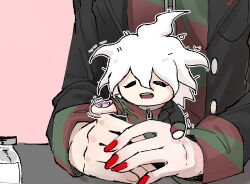 Rule 34 | 2boys, :d, = =, animal collar, bandaid, bandaid on arm, black jacket, chain, chain leash, chibi, closed eyes, collar, commentary, danganronpa (series), danganronpa another episode: ultra despair girls, dual persona, english commentary, fingernails, green shirt, hair between eyes, holding, holding syringe, jacket, komaeda nagito, lapels, leash, male focus, messy hair, mini person, miniboy, monokuma, multiple boys, no fingers, no nose, open mouth, outline, red nails, red shirt, servant (danganronpa), seumol sx, shirt, sleeves rolled up, smile, striped clothes, striped shirt, syringe, teeth, trembling, two-tone shirt, upper teeth only, white hair, white outline