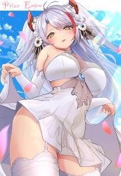 Rule 34 | 1girl, absurdres, azur lane, bare shoulders, blush, breasts, bridal gauntlets, bridal veil, character name, cowboy shot, dress, from below, garter straps, hair ornament, highres, large breasts, long hair, looking at viewer, looking down, mole, mole on breast, multicolored hair, official alternate costume, outdoors, parted lips, petals, prinz eugen (azur lane), prinz eugen (symphonic fate) (azur lane), red hair, rikiddo (tise 00), sideboob, silver hair, skirt hold, sky, sleeveless, sleeveless dress, solo, streaked hair, thighhighs, veil, wedding dress, white dress, white thighhighs, yellow eyes