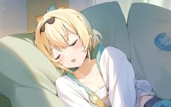 Rule 34 | 1girl, blonde hair, blue eyes, blue skirt, blush, breasts, chest sarashi, cleavage, couch, cushion, closed eyes, hair ribbon, hana mori, hand fan, haori, hololive, indoors, japanese clothes, kazama iroha, long sleeves, looking at viewer, lying, on couch, on side, paper fan, parted lips, pokobee, ponytail, ribbon, sarashi, skirt, sleeping, small breasts, solo, symbol-only commentary, virtual youtuber