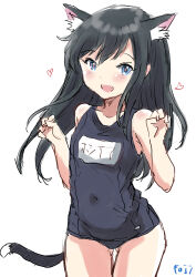 Rule 34 | 1girl, animal ear fluff, animal ears, asashio (kancolle), black hair, black one-piece swimsuit, blue eyes, cat ears, cat tail, covered navel, flat chest, fuji (pixiv24804665), gluteal fold, highres, kantai collection, long hair, name connection, old school swimsuit, one-piece swimsuit, school swimsuit, simple background, smile, solo, swimsuit, tail, thigh gap, white background