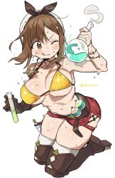 Rule 34 | 1girl, ;q, atelier (series), atelier ryza, atelier ryza 1, beaker, beret, bikini, bikini top only, breasts, brown eyes, brown hair, flask, hair ornament, hair ribbon, hairclip, hat, highres, large breasts, one eye closed, parted bangs, reisalin stout, ribbon, shisoneri, short shorts, shorts, simple background, skindentation, sweat, swimsuit, thick thighs, thighhighs, thighs, tongue, tongue out, white background, zettai ryouiki