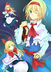 Rule 34 | 1girl, alice margatroid, ascot, blonde hair, blue dress, blue eyes, book, capelet, dress, female focus, grimoire, grimoire of alice, hairband, holding, holding book, klent, one eye closed, sash, shanghai doll, short hair, smile, sword, touhou, weapon
