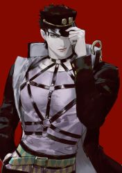 Rule 34 | 1boy, belt, black hair, black hat, black jacket, cowboy shot, earrings, gold trim, green eyes, hand in pocket, hand on headwear, hand up, hat, high collar, highres, jacket, jewelry, jojo no kimyou na bouken, kuujou joutarou, lips, long sleeves, looking at viewer, male focus, o-ring, one eye covered, open clothes, open jacket, red background, short hair, simple background, solo, stardust crusaders, vlfdus 0