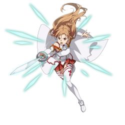 Rule 34 | 1girl, armor, asuna (sao), breastplate, brown eyes, brown hair, cape, detached sleeves, floating hair, full body, highres, holding, holding sword, holding weapon, leg up, long hair, long sleeves, miniskirt, official art, open mouth, pleated skirt, red skirt, running, skirt, solo, sword, sword art online, thighhighs, transparent background, v-shaped eyebrows, very long hair, waist cape, weapon, white cape, white sleeves, white thighhighs