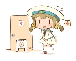 Rule 34 | 1girl, black eyes, black footwear, black ribbon, blue sailor collar, blush, bow, brown hair, chibi, clothes writing, copyright name, door, embarrassed, english text, error musume, female focus, flying sweatdrops, full body, girl holding a cat (kancolle), hair bow, hanomido, hat, have to pee, indoors, japanese text, kantai collection, kneehighs, leg up, long sleeves, miniskirt, neck ribbon, open mouth, own hands together, pleated skirt, ribbon, sailor collar, school uniform, serafuku, shoes, sign, skirt, smile, socks, solid oval eyes, solo, standing, standing on one leg, translation request, twintails, v arms, whit skirt, white hat, white skirt, white socks, yellow bow