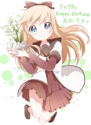 Rule 34 | &gt;:), 1girl, abstract background, bafarin, blonde hair, blue eyes, blush, character name, collar, dated, dot nose, dress, english text, floating hair, flower, full body, hair ornament, hair ribbon, happy birthday, highres, jumping, layered sleeves, lily of the valley, long hair, long sleeves, looking at viewer, multicolored background, namori (style), no shoes, official style, pleated dress, ribbon, sailor collar, school uniform, serafuku, short over long sleeves, short sleeves, simple background, smile, socks, solo, tareme, toshinou kyouko, v-shaped eyebrows, vase, white background, white flower, yuru yuri