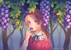 Rule 34 | 1girl, blonde hair, braid, commentary request, day, eating, food, forehead, fruit, grapes, highres, holding, holding food, holding fruit, leaf, long sleeves, minami seira, neck ribbon, open mouth, original, outdoors, pink lips, plant, portrait, purple ribbon, ribbon, sidelocks, solo, sunlight