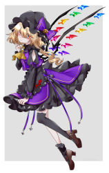 Rule 34 | 1girl, adapted costume, arm cutout, ascot, asymmetrical legwear, black dress, black hat, black socks, black thighhighs, blonde hair, border, brown footwear, closed mouth, commentary, cross, crystal, dress, flandre scarlet, from side, full body, grey background, halloween costume, hat, high heels, highres, jack-o&#039;-lantern, latin cross, long hair, long sleeves, looking at viewer, miko (miko030751), mob cap, pointy ears, pout, purple vest, red eyes, simple background, socks, solo, thighhighs, touhou, twitter username, vest, white border, wings, yellow ascot