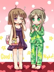 Rule 34 | 2girls, ahoge, alternate costume, babydoll, bamboo print, bare shoulders, barefoot, blonde hair, blush, brown hair, character pillow, clothes writing, commentary request, english text, fingers together, green eyes, green pants, green shirt, grey hair, hat, index fingers together, matara okina, multiple girls, nightgown, nishida satono, no headwear, no panties, one eye closed, pajamas, pants, parted bangs, parted lips, pote (ptkan), purple eyes, see-through, shirt, standing, sweat, tears, teireida mai, touhou