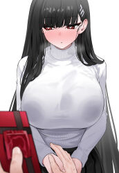 1girl absurdres black_hair black_halo blue_archive blush box breasts bright_pupils commentary condom condom_wrapper flying_sweatdrops halo highres holding holding_box holding_hands large_breasts long_hair long_sleeves looking_to_the_side pov red_eyes rio_(blue_archive) simple_background sweatdrop sweater symbol-only_commentary turtleneck turtleneck_sweater upper_body valentine very_long_hair white_background white_pupils white_sweater yuki_(asayuki101)