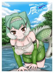 Rule 34 | 1girl, 2024, adansosutega, arm belt, arm support, bare shoulders, belt, bent over, bike shorts, bike shorts under shorts, black eyes, black hair, blush, border, breasts, chinese water dragon (kemono friends), choker, closed mouth, covered erect nipples, crop top, cutoff jeans, cutoffs, day, detached sleeves, eyelashes, frilled choker, frilled hairband, frills, green belt, green hair, green shorts, green sleeves, grey hair, hair horns, hairband, happy new year, highres, kemono friends, kemono friends 3, lizard tail, looking at viewer, medium breasts, medium hair, midriff, multicolored eyes, multicolored hair, navel, new year, outdoors, outside border, print shorts, print sleeves, red eyes, see-through, short shorts, shorts, shorts under shorts, smile, solo, spaghetti strap, stomach, tail, wading, water, wet, wet clothes, wet face, wet hair, white border, yellow eyes
