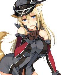Rule 34 | 10s, 1girl, animal ears, armor, bismarck (kancolle), blonde hair, blue eyes, bottomless, breastplate, breasts, detached sleeves, dog ears, dog tail, dress, gloves, grey dress, hat, impossible clothes, kantai collection, kemonomimi mode, kriegsmarine, large breasts, long hair, looking at viewer, military, military uniform, open mouth, paw pose, peaked cap, rinarisa, short dress, solo, tail, uniform