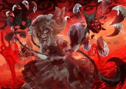 Rule 34 | 1girl, ascot, blonde hair, blood, blood from mouth, blood in hair, blood on clothes, blood on face, blood on hands, bloody tears, bloody weapon, collared shirt, commentary, english commentary, flandre scarlet, frilled shirt collar, frilled sleeves, frills, hat, highres, indatsukasa, laevatein (touhou), looking at viewer, medium hair, mob cap, open mouth, puffy short sleeves, puffy sleeves, red background, red eyes, red skirt, red vest, shirt, short sleeves, skirt, skirt set, solo, sunken fossil world, touhou, vest, weapon, white hat, white shirt, yellow ascot