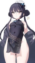 Rule 34 | 1girl, ?, black hair, blue archive, blush, breasts, butterfly hair ornament, china dress, chinese clothes, coat, covered navel, double bun, dragon print, dress, from below, gluteal fold, grey eyes, hair bun, hair ornament, halo, highres, kisaki (blue archive), long hair, long sleeves, looking at viewer, nikuya (nikuniku nikuya), open clothes, open coat, pelvic curtain, side slit, simple background, sleeveless, sleeveless dress, small breasts, solo, spoken question mark, twintails, white background