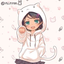 Rule 34 | 15citron, 1girl, alternate costume, animal ears, animal hood, black hair, black skirt, cat ears, cat hood, cat tail, green eyes, hair ornament, hairclip, hand in pocket, hood, hood up, hooded sweater, kantai collection, one-hour drawing challenge, open mouth, paw pose, scirocco (kancolle), short hair, skirt, smile, solo, sweater, tail, teeth, twitter username, upper body, upper teeth only, white sweater