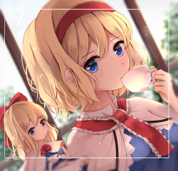 Rule 34 | 1girl, alice margatroid, apron, arm up, bad id, bad pixiv id, blonde hair, blue dress, blue eyes, blurry, border, bow, capelet, cup, depth of field, dress, drinking, dutch angle, expressionless, hair between eyes, hair bow, headband, light particles, long hair, long sleeves, looking at viewer, neck ribbon, red ribbon, ribbon, shanghai doll, short hair, syangurira7, teacup, touhou, upper body, waist apron, white capelet, window