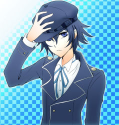 Rule 34 | 1girl, androgynous, atlus, blue eyes, blue hair, blue theme, cabbie hat, crossdressing, female focus, hand on headwear, hat, looking at viewer, matching hair/eyes, persona, persona 4, reverse trap, shadowaris, shirogane naoto, short hair, solo, upper body