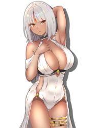 Rule 34 | 1girl, arm up, arms up, azur lane, bare shoulders, blush, body markings, breasts, center opening, cleavage, covered navel, dark-skinned female, dark skin, dress, facial mark, forehead mark, halter dress, halterneck, highres, jewelry, large breasts, long hair, looking at viewer, massachusetts (azur lane), massachusetts (dressed to impress) (azur lane), native american, orionstar, red eyes, silver hair, simple background, sleeveless, sleeveless dress, solo, thighlet, white background, white dress